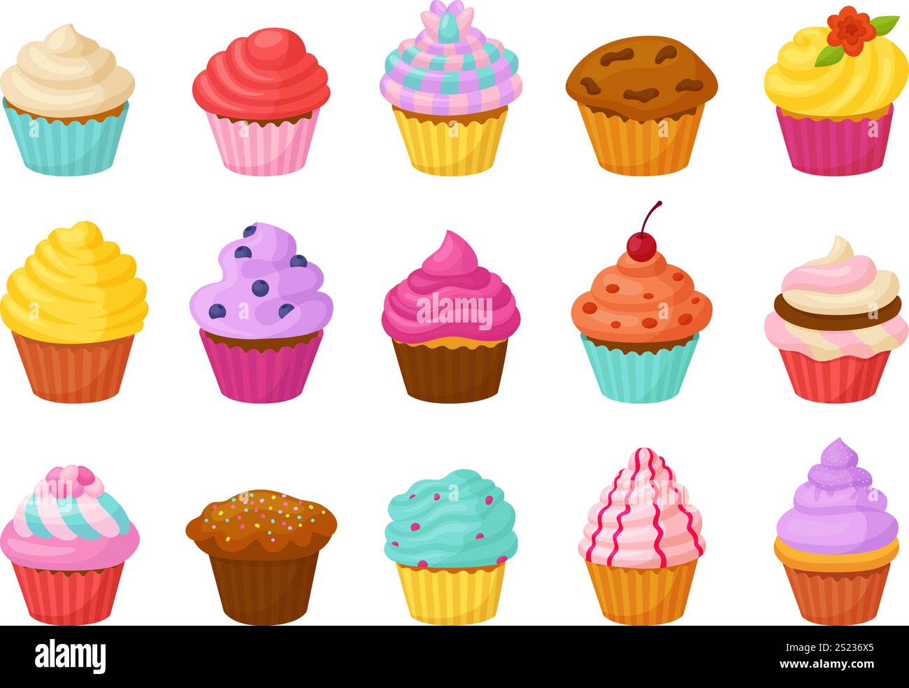Cupcake dei cartoni animati. Cupcake dolce diverso con cappelli cremosi e decorazioni. Dessert da forno, muffin al cioccolato e vaniglia, set vettoriale neoterico Illustrazione Vettoriale