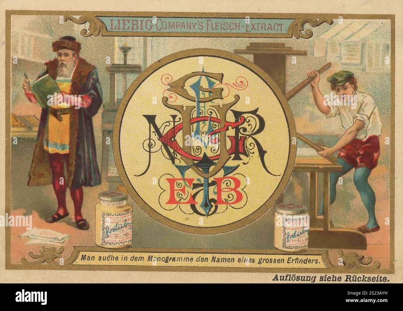 Puzzle della serie di immagini, il nome di un grande inventore è nascosto nel monogramma (Gutenberg), Liebig picture, riproduzione digitalmente restaurata di un quadro da collezione del 1900 circa, pubblico dominio, data esatta sconosciuta, illustrazione scientifica con un vecchio che tiene libri in un laboratorio con un monogramma, Bilderserie Rätsel, IM Monogramm ist der Name eines großen Erfinders versteckt (Gutenberg), Liebigbild Bücher hält, digital restaurierte, 1900 in einem Labor mit e Foto Stock