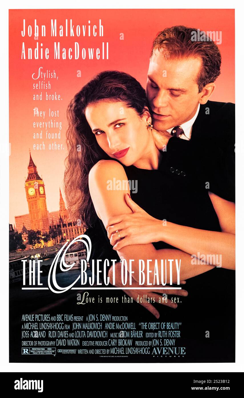 The Object of Beauty (1991) diretto da Michael Lindsay-Hogg e interpretato da John Malkovich, Andie MacDowell e Lolita Davidovich. Una commedia romantica su una coppia benestante che perde tutto tranne l'uno l'altro a Londra. Fotografia di un poster originale US 1991 da un foglio ***SOLO PER USO EDITORIALE***. Crediti: BFA / Avenue Pictures Foto Stock