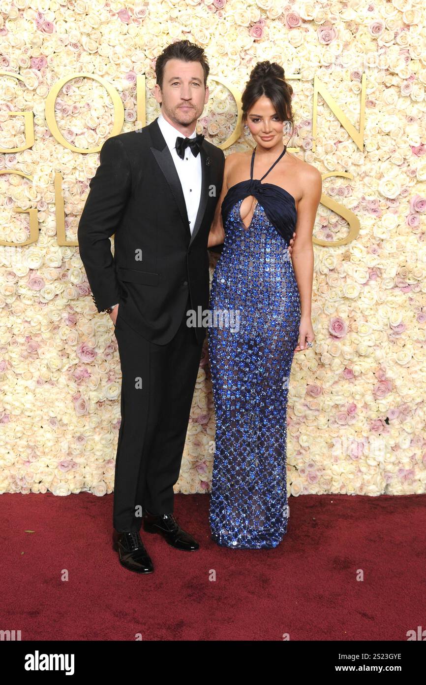 Miles Teller und Keleigh Sperry bei der Verleihung der 82. Golden Globe Awards 2025 presso il Beverly Hilton Hotel. Beverly Hills, 05.01.2025 anni Foto Stock