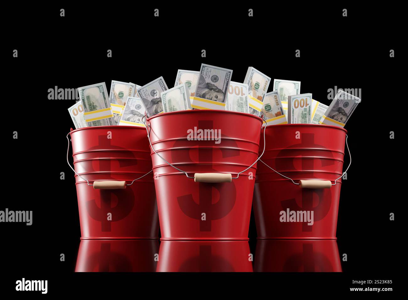 Banconote da 100 dollari in secchi di metallo rosso su sfondo nero lucido. Illustrazione 3D del concetto di riserva federale americana, finanza ed economia Foto Stock