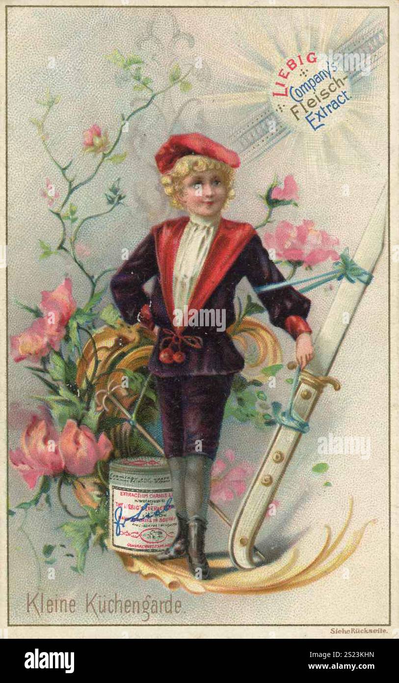 Serie di immagini Kleine Küchengarde, Liebigbild, riproduzione digitalmente restaurata di un quadro da collezione del 1900 circa, pubblico dominio, data esatta sconosciuta, bambino in costume fantasioso in stile marittimo, circondato da fiori decorativi, Bildserie Kleine Küchengarde, digital restaurierte Reproduktion eines Sammelbildes von CA 1900, gemeinfrei, genaues Datum unbekannt, kind in fantasievoller Kostümierung im maritimen Stil Stil Bludekatiben von Blukannt Foto Stock