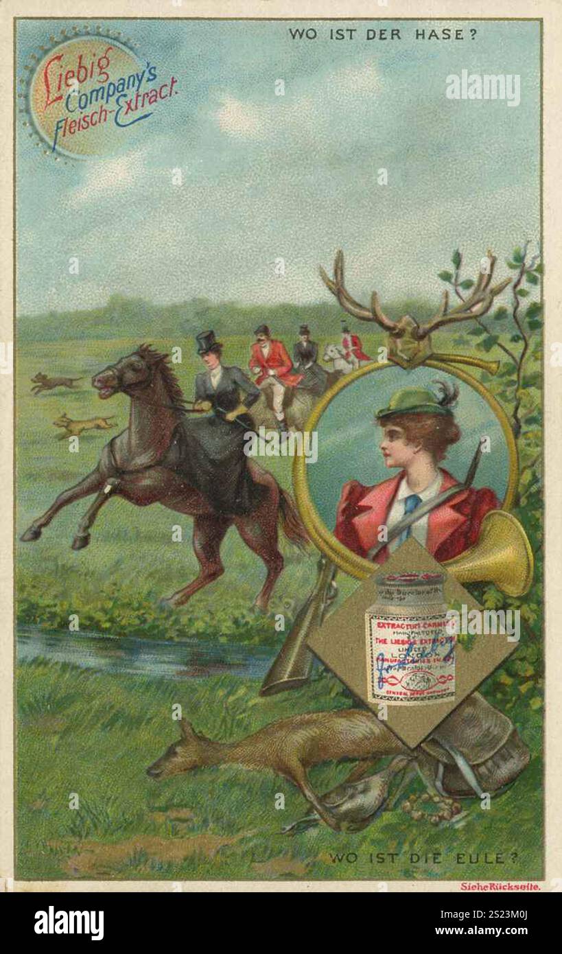 Serie di immagini puzzle, dove si trova il coniglio, Liebigbild, riproduzione digitalmente restaurata di un quadro da collezione risalente al 1900 circa, dominio pubblico, data esatta sconosciuta, scena di caccia alla volpe rurale con cavalieri, cavalli e cani da caccia in un paesaggio verde, Bildserie Rätsel, wo ist der Hase, digital restaurierte Reproduktion eines Sammelbildes von CA 1900, gemeinfrei, genaues Datum unbekannt, Ländliche Fuchsjannden Grünen,, Fuchsjagden Landschden Foto Stock
