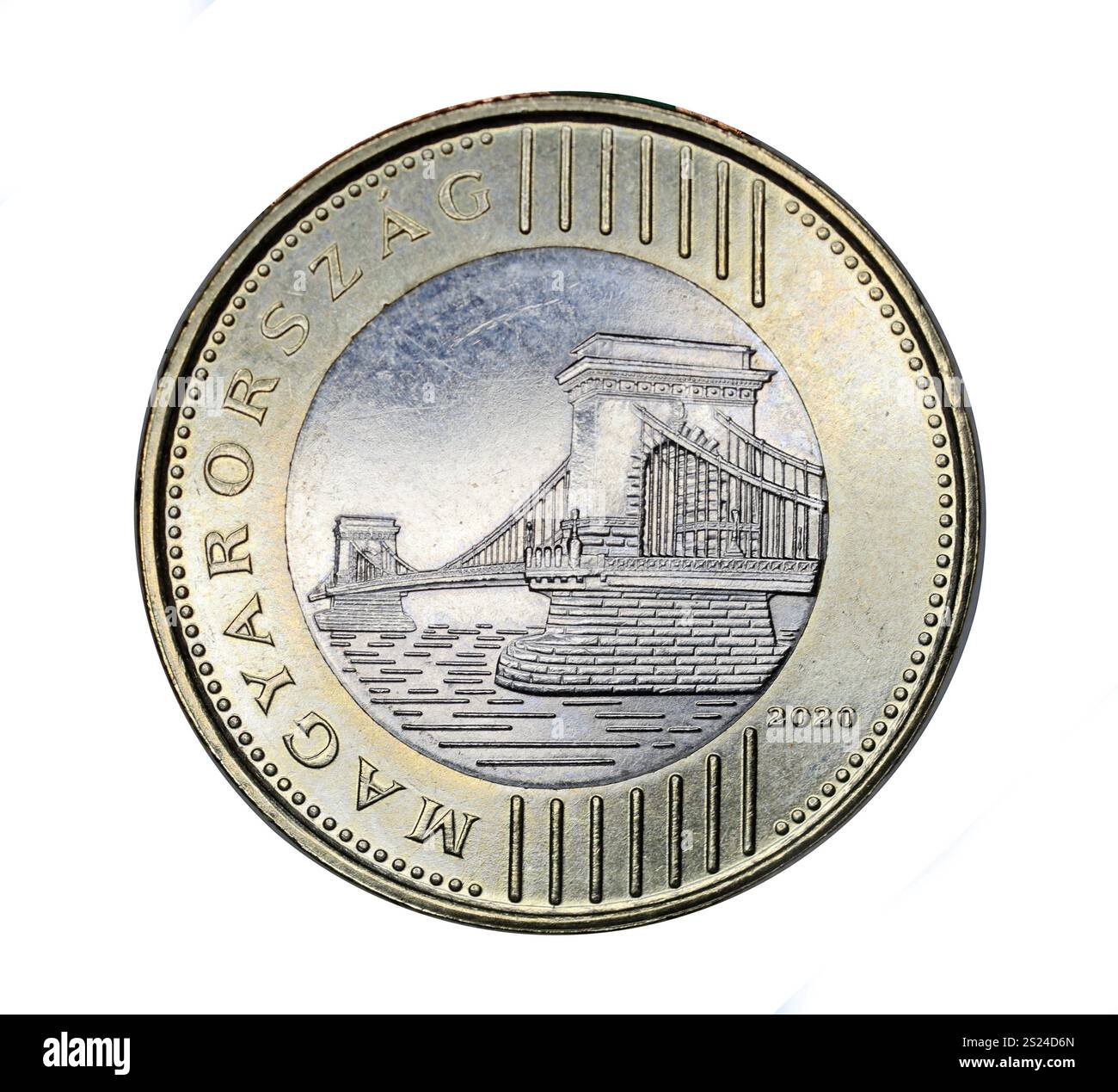 Moneta ungherese da 200 fiorini, raffigurante il Ponte delle catene, un simbolo di Budapest Foto Stock