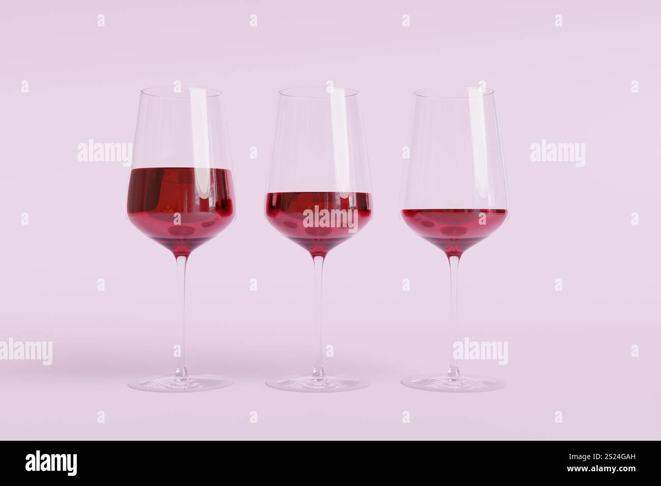 Vino rosso con quantità da destra a sinistra. Illustrazione del concetto di smettere di bere alcolici Foto Stock