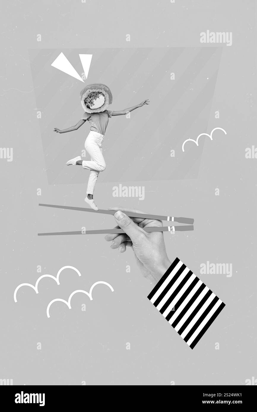 Foto collage fumetti fumetti schizzo immagine di una donna funky sushi invece di testa piedi braccio bacchette isolato disegno sfondo Foto Stock