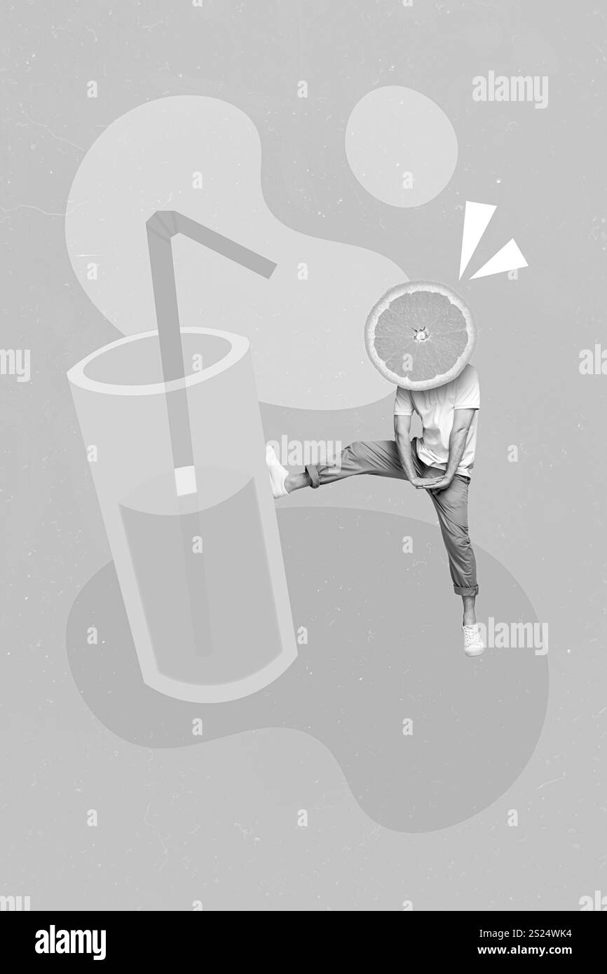 Foto collage grafica immagine minima di un ragazzo spensierato agrumi invece di testa punzonatura gamba vetro isolato sfondo disegno Foto Stock