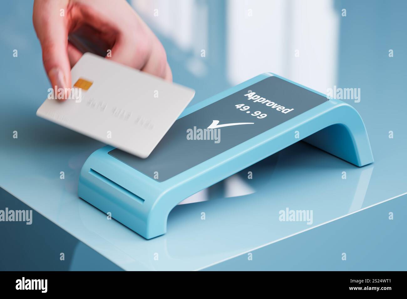 Transazione con carta di credito. Una carta di credito neutrale senza contatto con nome e numero falsi spostati davanti a un lettore di carte senza contatto. Sfocatura del movimento. 3 Foto Stock