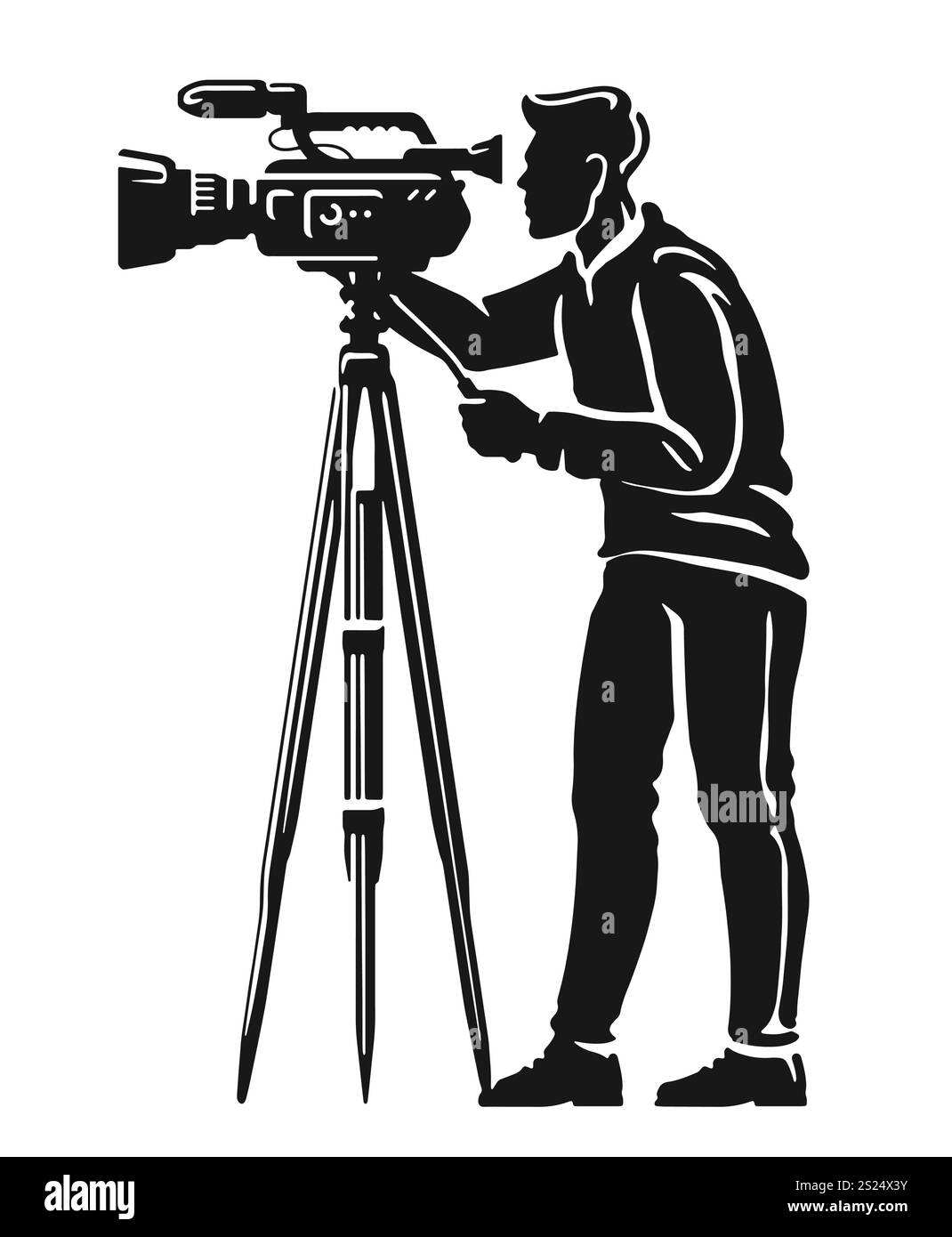 Cameraman in piedi con la fotocamera. Riprese video di notizie, produzione di film o programmi dal vivo da parte di un operatore video Illustrazione Vettoriale