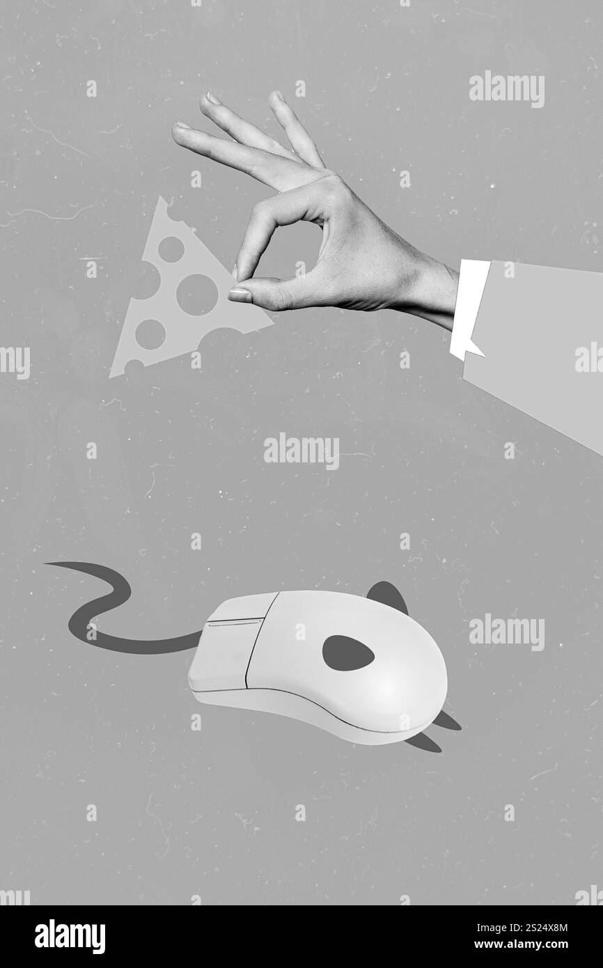 Immagine collage rivista d'arte di braccio cattura formaggio vintage computer mouse isolato disegno sfondo Foto Stock