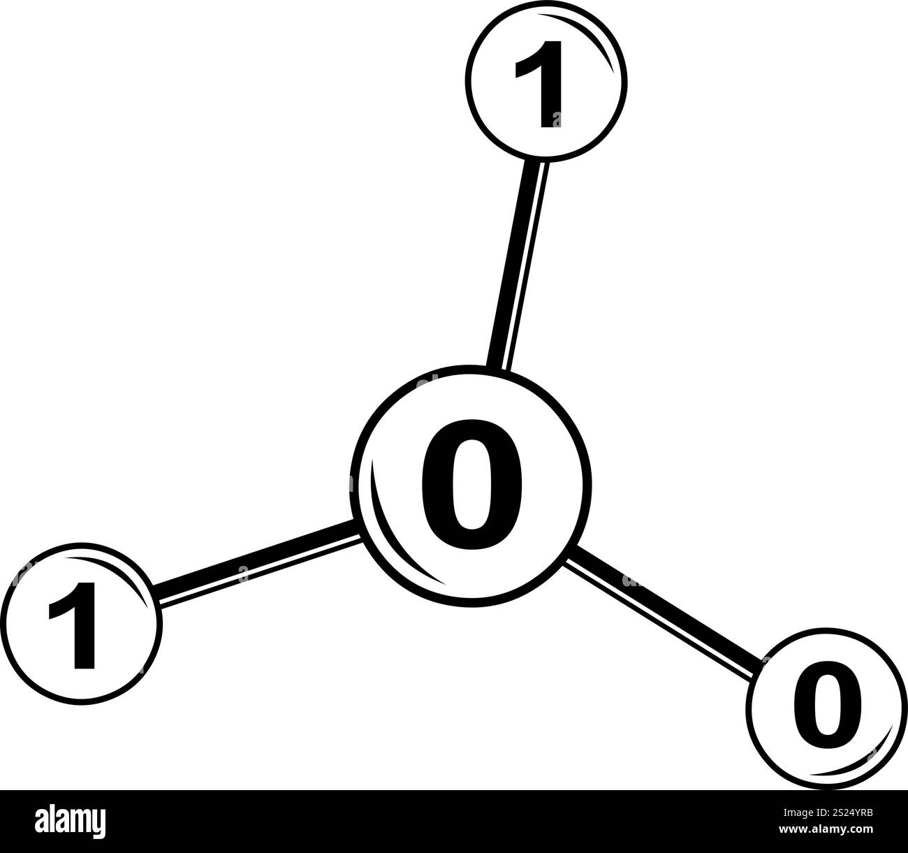 illustrazione vettoriale che disegna l'icona in bianco e nero della molecola con sistema di codici binari 0 e 1, in nanotecnologia o concetto di biotecnologia Illustrazione Vettoriale