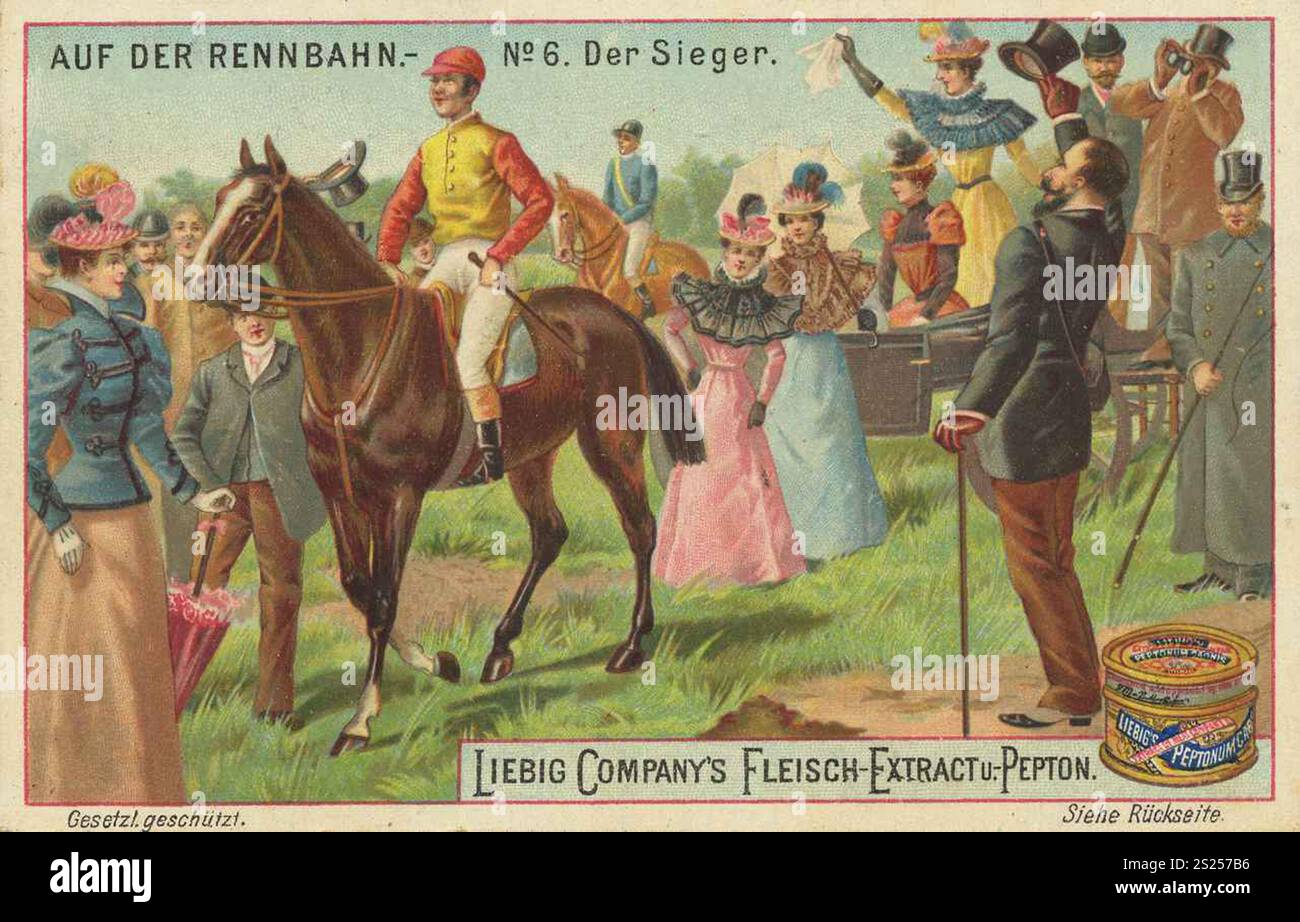 Serie di immagini sul circuito, la vincitrice, Liebigbild, riproduzione digitalmente restaurata di un quadro da collezione del 1900 circa, pubblico dominio, data esatta sconosciuta, Un fantino vittorioso cavalca il suo cavallo all'applauso di una folla celebrante, Bilderserie Auf der Rennbahn, Der Sieger, digital restaurierte Reproduktion eines Sammelbildes von CA 1900, gemeinfrei, genaues Foto Stock
