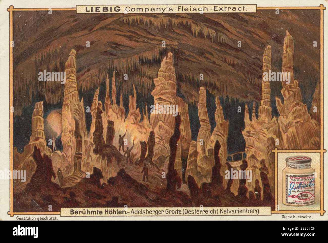 Serie di immagini Famous Caves, Adelsberg Cave, Slovenia, Calvario, Liebig picture, riproduzione digitalmente restaurata di un quadro collettivo del 1900 circa, di pubblico dominio, data esatta sconosciuta, Una grotta con stalattiti in cui le persone sono circondate dalla luce, Bilderserie Berühmte Höhlen, Adelsberger Grotte, Slowenien, Kalvarienberg, Liebigbild, digital restaurierte Reproduktion eines Sammelbildes von ca 1900, gemeinfrei, genaues Datum unbekannt, Eine Höhle mit Stalaktiten, in der Menschen von Licht umgeben sind Foto Stock