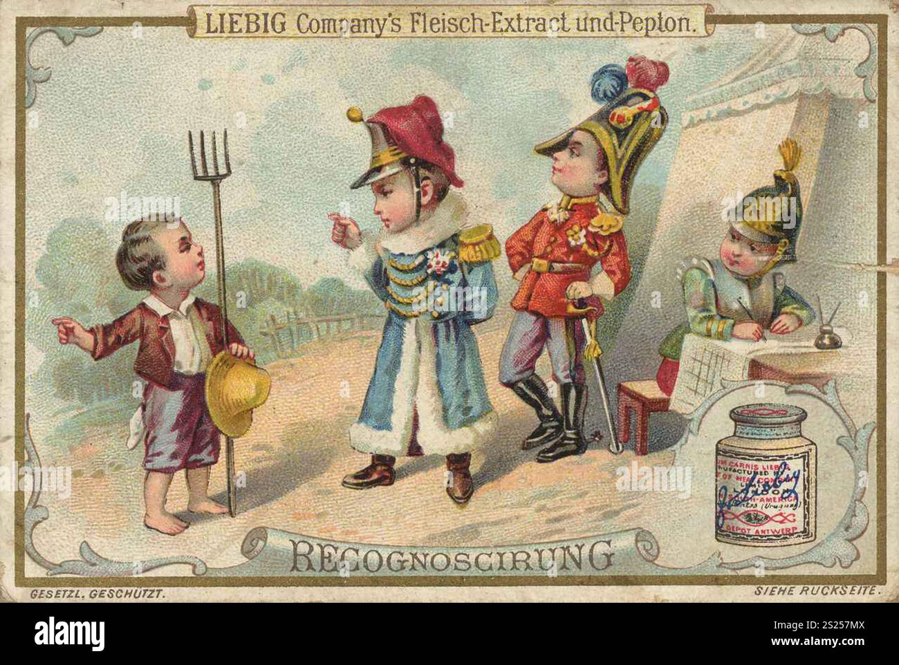 Serie di immagini bambini che giocano militare, ricognizione, raccolta di informazioni per scopi bellici a vista, immagine Liebig, riproduzione digitalmente restaurata di un quadro da collezione del 1900 circa, pubblico dominio, data esatta sconosciuta, bambini in uniformi fantasiose effettuare una divertente esplorazione con una tenda e una mappa, Bilderserie Kinder spielen Militär, Recognoscirung 1900, für kriegerische Zwecke durch den Augenschein Erkundigungen führen Foto Stock