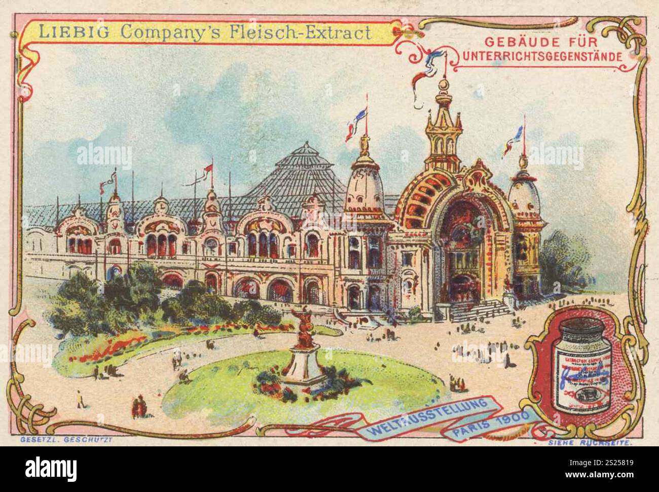 Serie di immagini esposizione Mondiale 1900, Parigi, Francia, edificio per oggetti didattici, Liebigbild, riproduzione digitalmente restaurata di un quadro da collezione risalente al 1900 circa, pubblico dominio, data esatta sconosciuta, edificio didattico nel parco espositivo di Parigi con giardini ben curati, Bilderserie Weltausstellung 1900, Frankreich, Gebäude für Unterrichtsgegenstände, restaurierte digitale Reproduktion eines Sammelbildes von CA 1900, gemeinfrei, genaues Datum unbekannt Pariser Gärten geften Ausstellungsgelände geften Unterrichtsgebäude geflegser Foto Stock