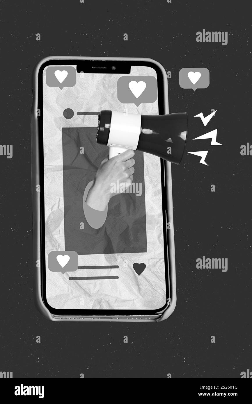 Grafica fotografica immagine collage minimale di Apple samsung Modern device screen ARM che fa annuncio sfondo isolato del disegno Foto Stock