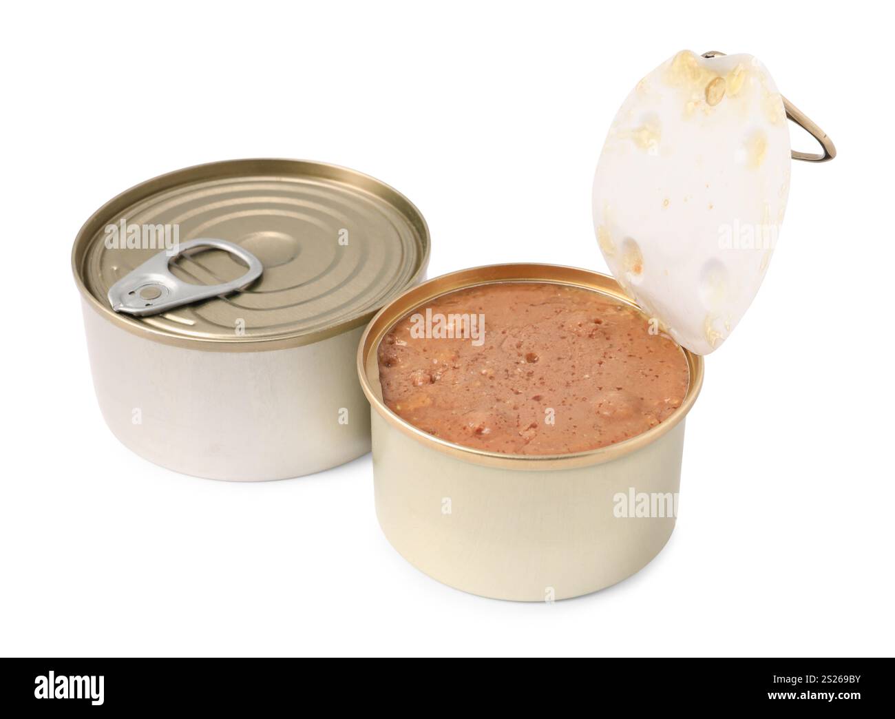 Bagnare gli alimenti per animali domestici in lattine di latta isolate su bianco Foto Stock