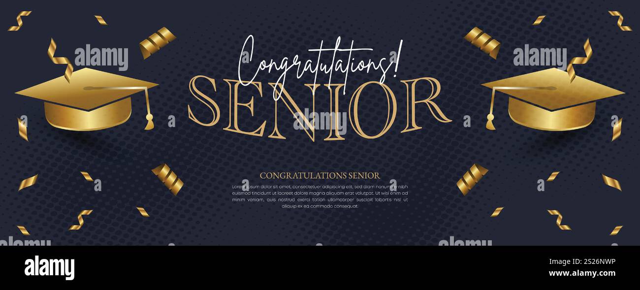 Modello di scheda invito per la classe senior 2025. Congratulazioni per la laurea 2025 con Academic Cap. Senior Congratulazioni cerimonia di saluto per i laureati Illustrazione Vettoriale