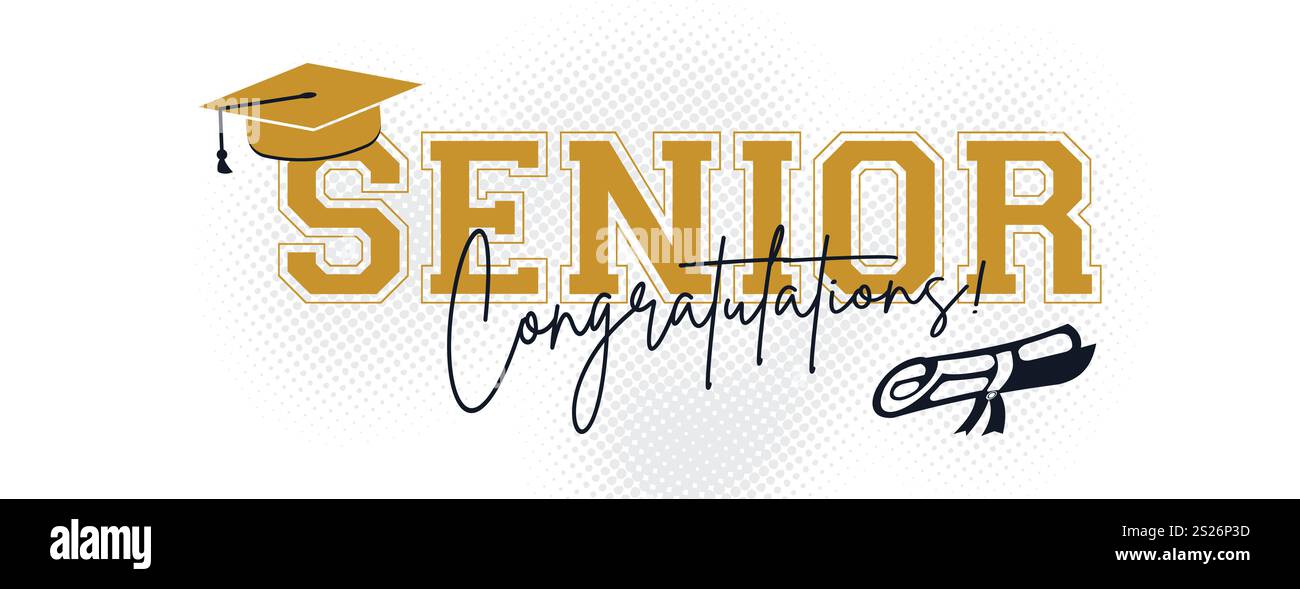 Modello di scheda invito per la classe senior 2025. Congratulazioni per la laurea 2025 con Academic Cap. Senior Congratulazioni cerimonia di saluto per i laureati Illustrazione Vettoriale