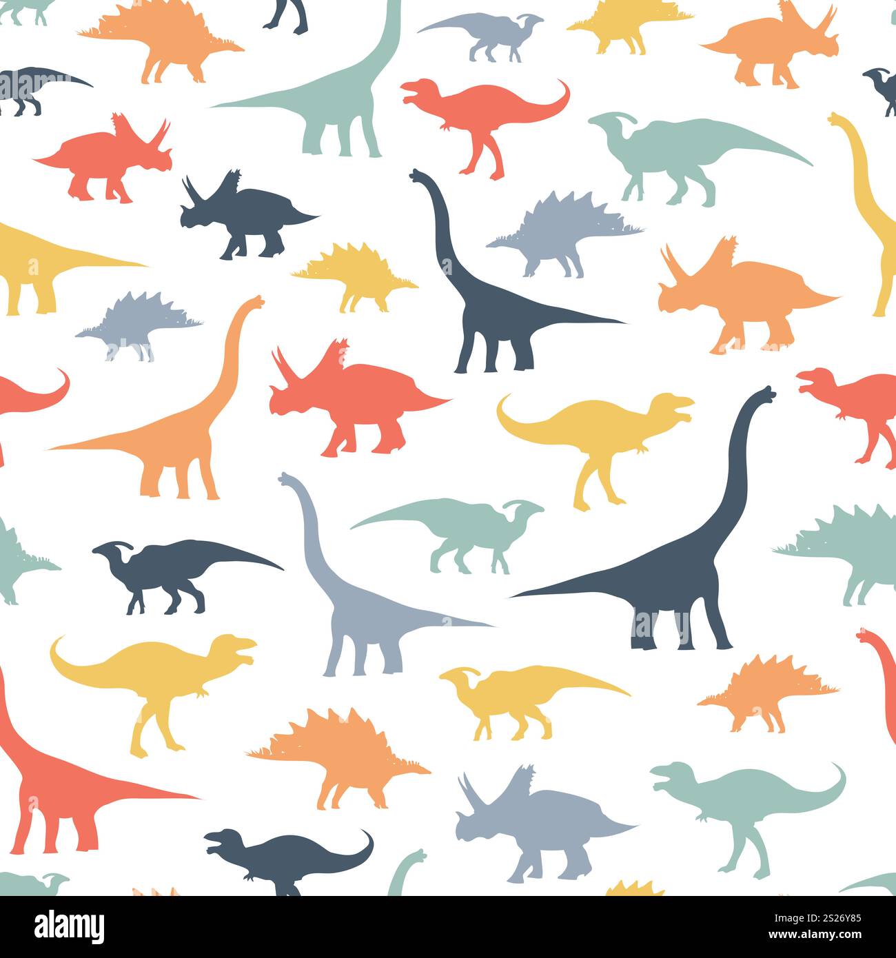 Motivo illustrato senza cuciture con dinosauro colorato preistorico su sfondo bianco Illustrazione Vettoriale