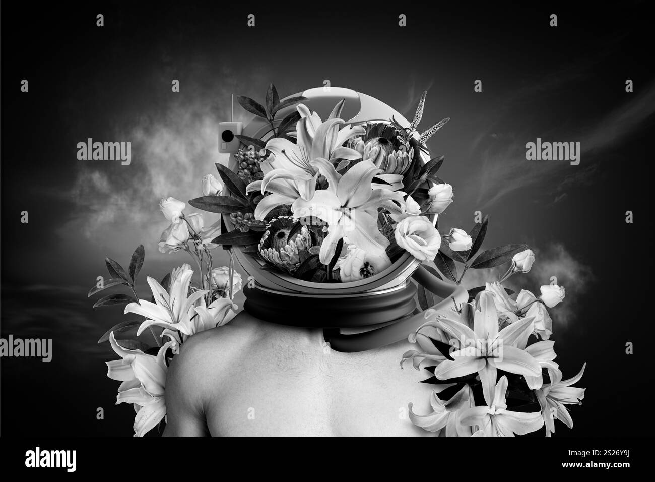 Collage creativo del manifesto dello striscione di giovane ragazzo bizzarro con l'apparecchiatura cosmica hanno profumo aromatico del fiore nuovo deodorante Foto Stock