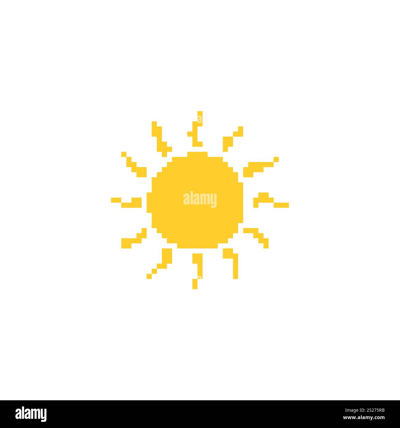 Illustrazione del sole pixellato. Semplice pixel art di un sole giallo con raggi che si estendono verso l'esterno. Illustrazione Vettoriale