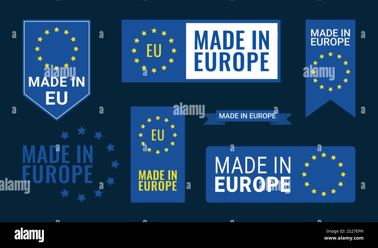 Icona Made in Europe, icona Made in EU, prodotto dell'Unione europea, marchio Made in EU, emblema Made in EU, logo isolato adesivi Vector symbol Illustrazione Vettoriale