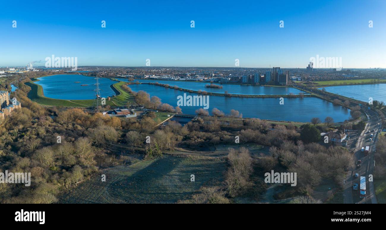 Vista panoramica aerea delle Walthamstow Wetlands, London Wildlife Trust, Londra, Regno Unito. Foto Stock