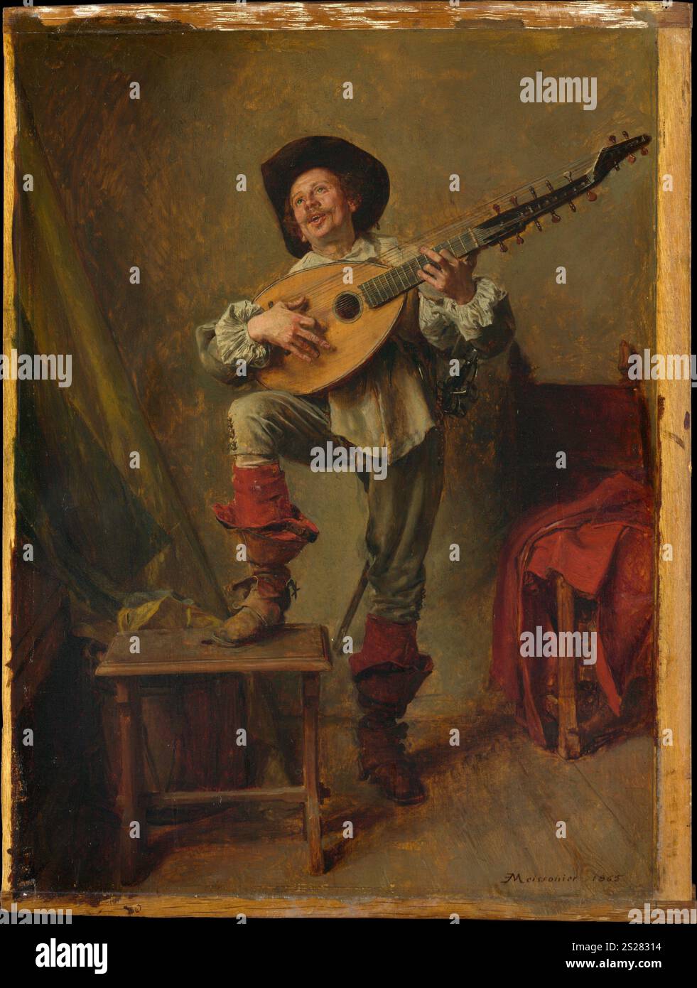 Titolo: Soldier Playing the Theorbo artista: Ernest Meissonier anno: 1865 Medio: Olio su legno dimensioni: 11 1/2 x 8 5/8 poll. (29,2 x 21,9 cm) posizione: Metropolitan Museum of Art Foto Stock