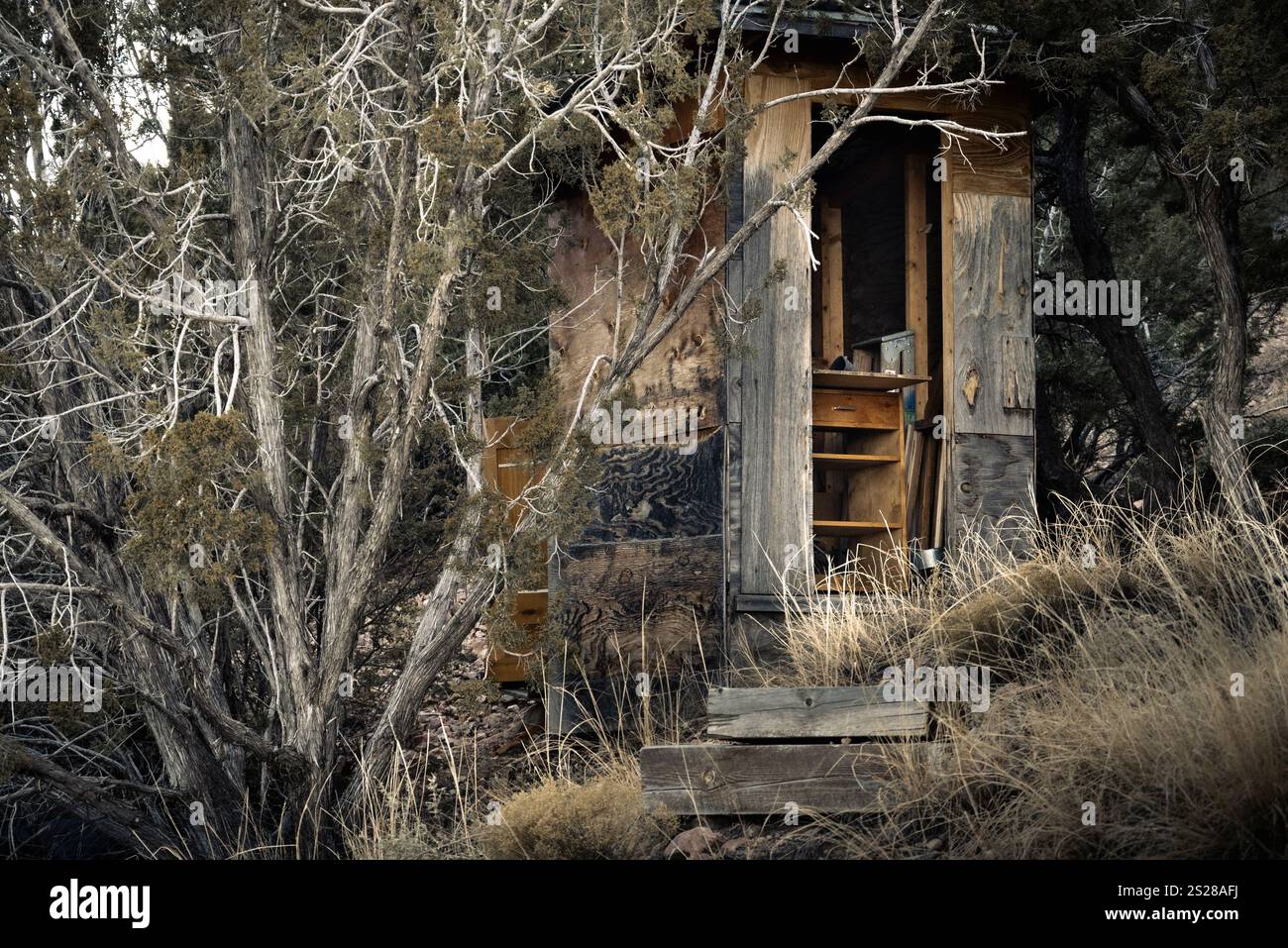 Un attico in legno fatiscente nascosto nel bosco, ora utilizzato per immagazzinare mentre viveva al di fuori della rete del New Mexico settentrionale Foto Stock