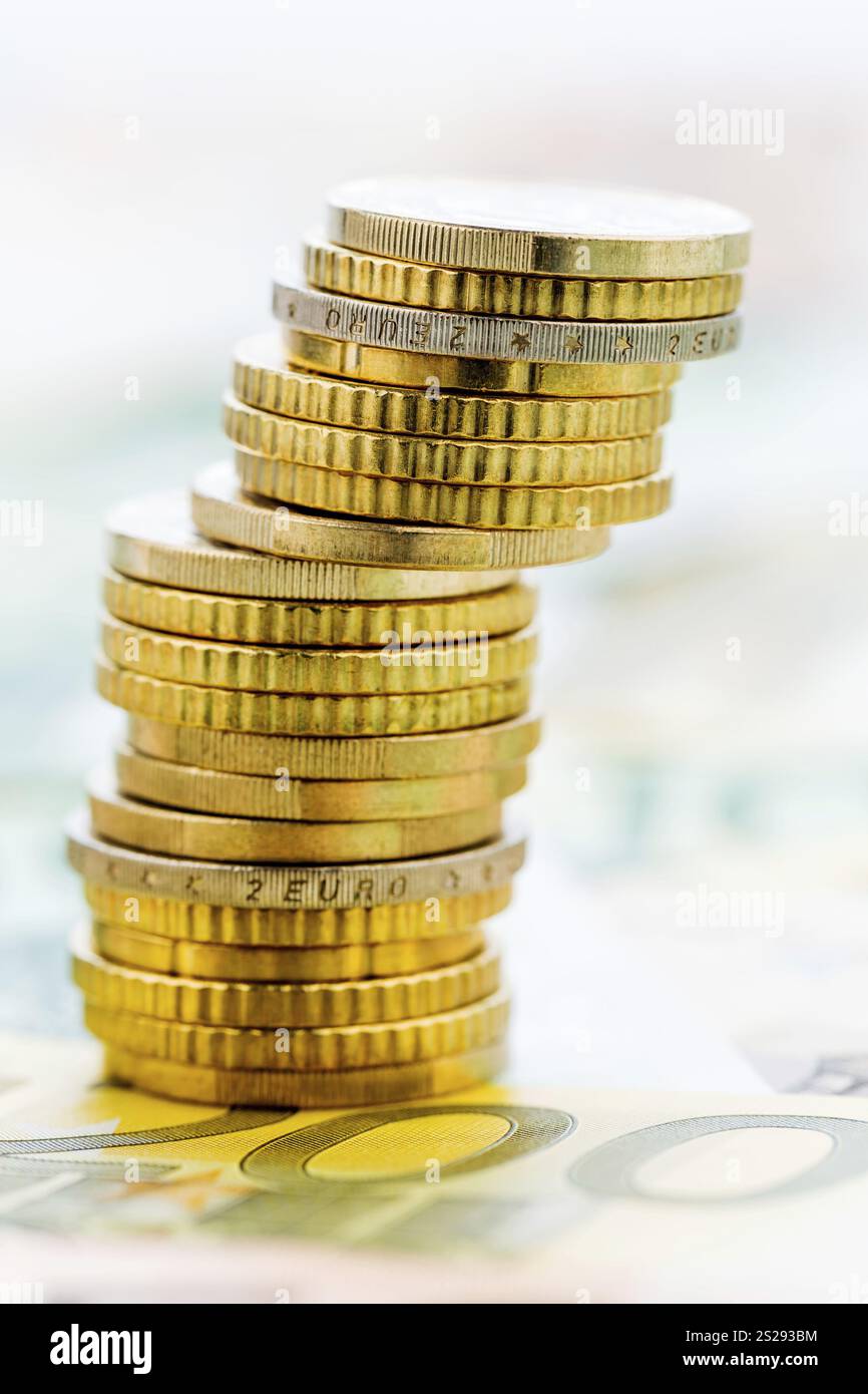 Una pila unica di monete, foto simbolica per la pianificazione finanziaria, gli investimenti finanziari, il rischio di investimento Austria Foto Stock