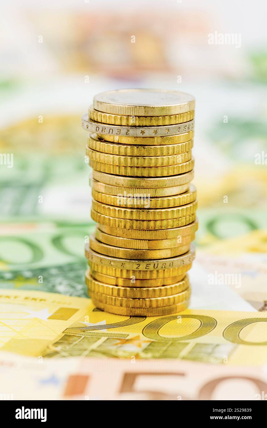 Una pila unica di monete, foto simbolica per la pianificazione finanziaria, gli investimenti finanziari, gli investimenti Austria Foto Stock