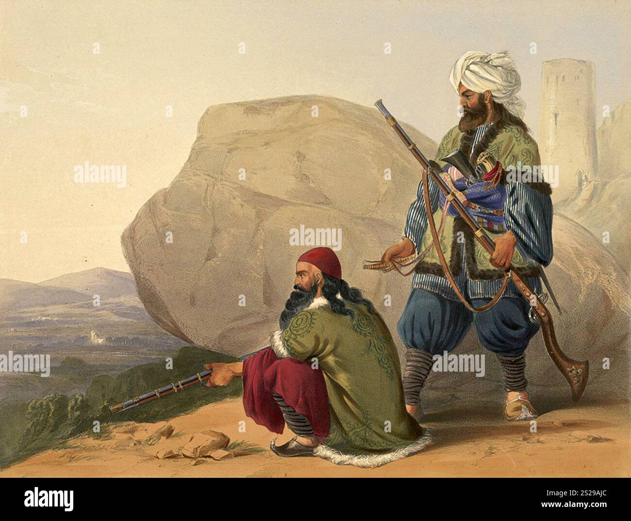 Una litografia di fanti afghani di James Rattray. Sono stati proprio questi tipi di soldati a distruggere completamente l'esercito britannico nella sua disastrosa ritirata da Kabul nel 1842. L'invasione britannica dell'Aghanistan per installare un leader fantoccio fu uno dei peggiori disastri militari della storia. Dopo che Shah Shujah fu installato a Kabul, l'esercito si ritirò in India. La colonna di 20.000 uomini fu spazzata via con l'eccezione di un soldato britannico e 5-6 indiani. Foto Stock