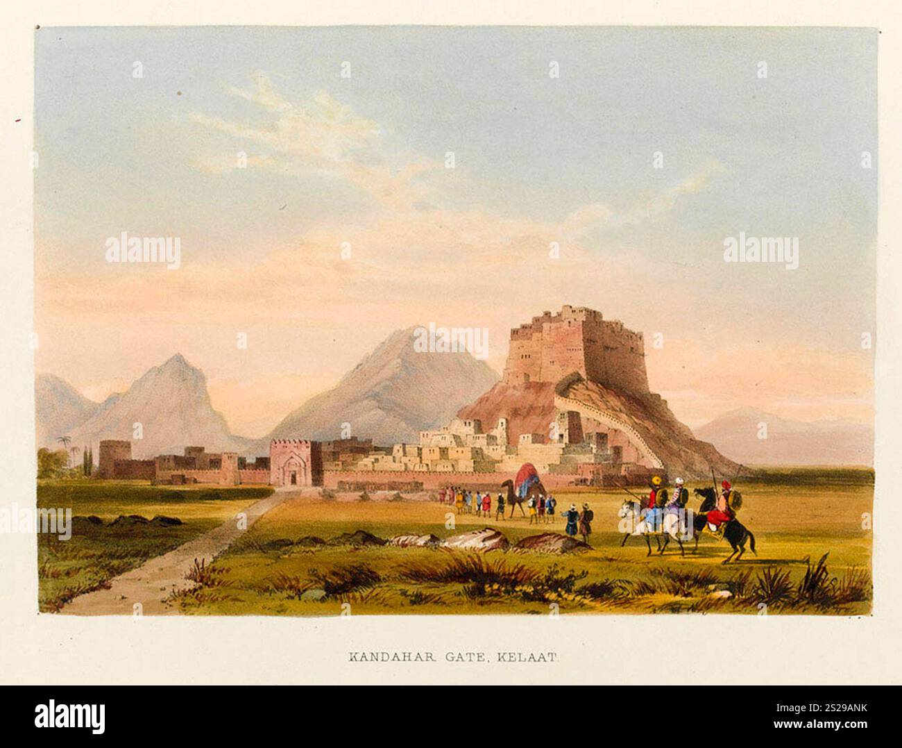 L'assalto di Khelat. Il popolo di Khelat stava attaccando e distruggendo le colonne di rifornimento britanniche. Come rappresaglia la loro ciy fu attaccata e presa dalla colonna di Bombay il 23 novembre 1839. Questa immagine mostra la porta Kandahar della città. Litografia a colori di WL Walton Foto Stock