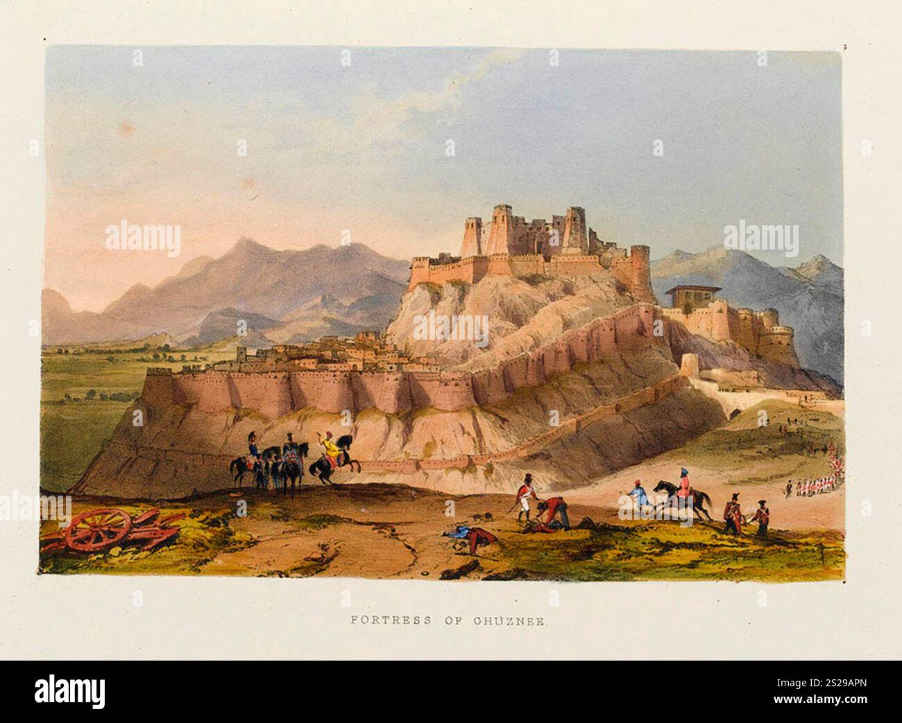 The Storming of Ghazni, 23 luglio 1839. Dopo aver preso Kandahar, l'esercito Briish dovette prendere la fortezza di Ghazni. Questa fortezza non era mai stata presa, ma un uomo locale disse agli inglesi che una delle porte era in cattive condizioni e poteva essere aperta. Questo fu così e gli inglesi furono in grado di prendere la città pesantemente difesa e quindi aprire la strada a Kabul. Questa immagine mostra il forte prima dell'attacco. Foto Stock