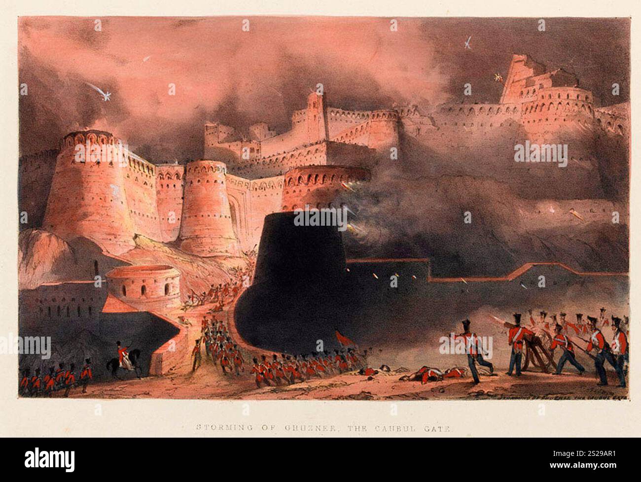 The Storming of Ghazni, 23 luglio 1839. Dopo aver preso Kandahar, l'esercito Briish dovette prendere la fortezza di Ghazni. Questa fortezza non era mai stata presa, ma un uomo locale disse agli inglesi che una delle porte era in cattive condizioni e poteva essere aperta. Questo fu così e gli inglesi furono in grado di prendere la città pesantemente difesa e quindi aprire la strada a Kabul. Questa immagine mostra l'assalto del cancello dopo che è stato aperto. Foto Stock