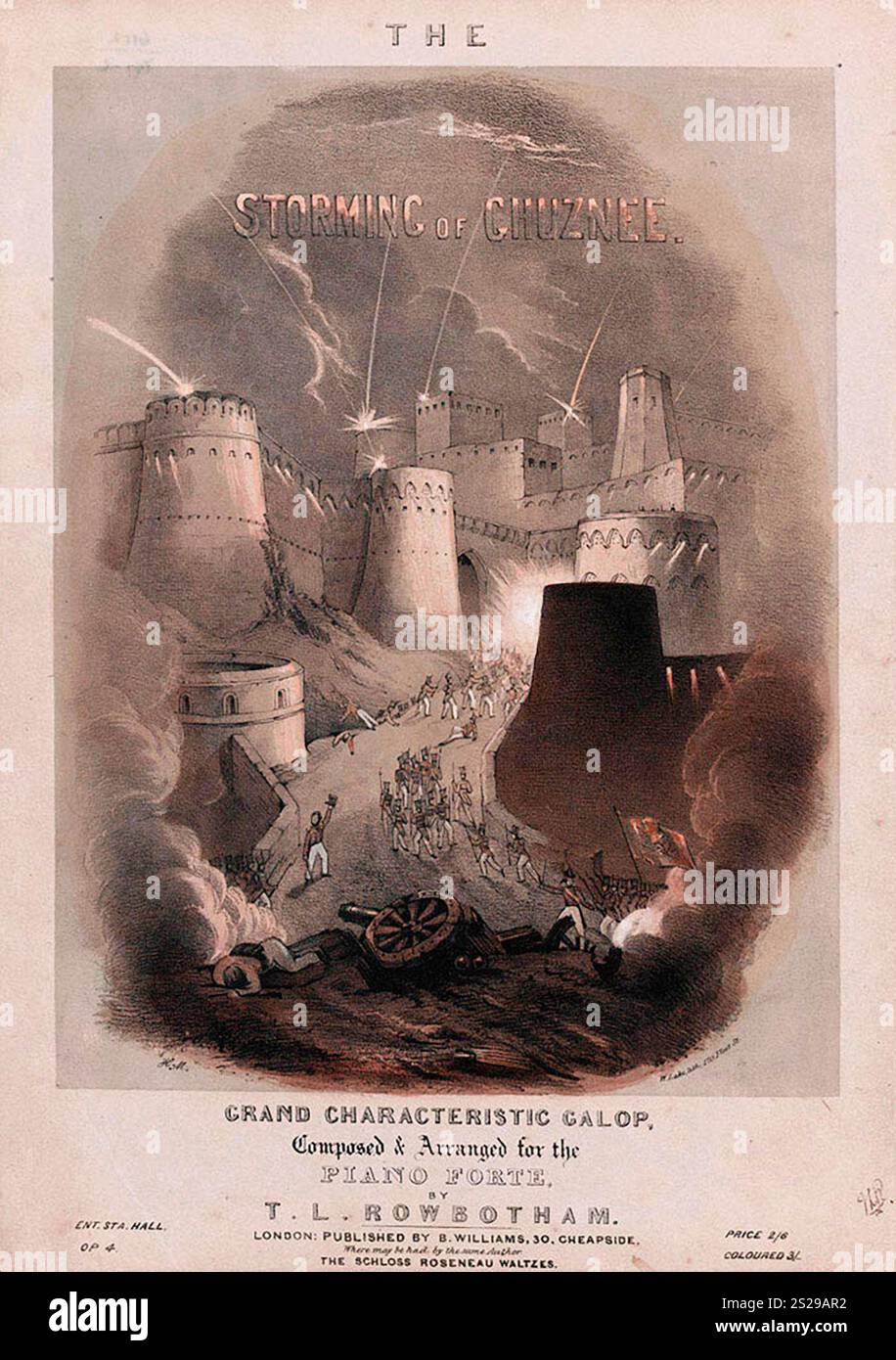The Storming of Ghazni, 23 luglio 1839. Dopo aver preso Kandahar, l'esercito Briish dovette prendere la fortezza di Ghazni. Questa fortezza non era mai stata presa, ma un uomo locale disse agli inglesi che una delle porte era in cattive condizioni e poteva essere aperta. Questo fu così e gli inglesi furono in grado di prendere la città pesantemente difesa e quindi aprire la strada a Kabul. Questa immagine mostra la copertina di musica scritta per celebrare questa vittoria. Foto Stock