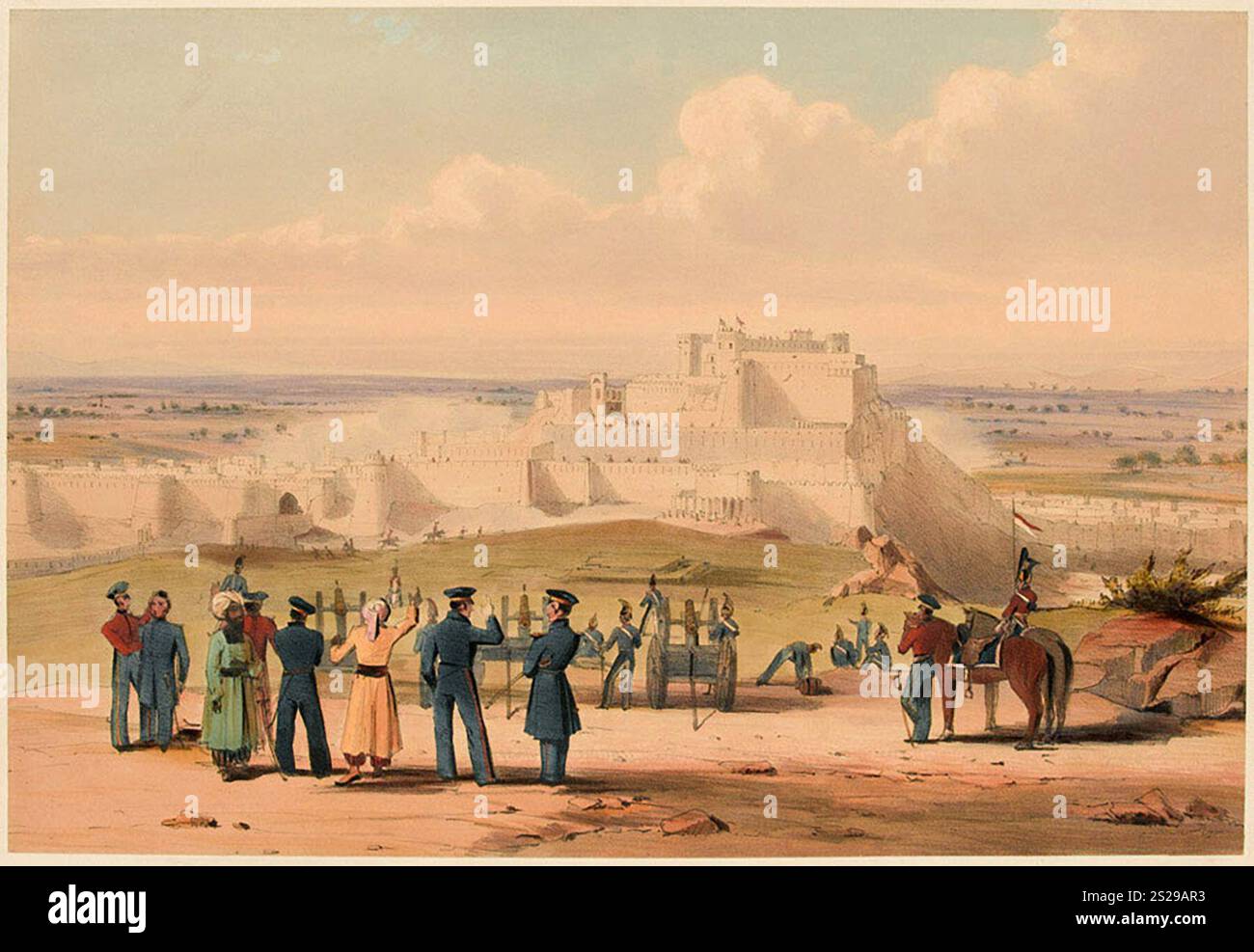 The Storming of Ghazni, 23 luglio 1839. Dopo aver preso Kandahar, l'esercito Briish dovette prendere la fortezza di Ghazni. Questa fortezza non era mai stata presa, ma un uomo locale disse agli inglesi che una delle porte era in cattive condizioni e poteva essere aperta. Questo fu così e gli inglesi furono in grado di prendere la città pesantemente difesa e quindi aprire la strada a Kabul. Questa immagine mostra il comandante Sir John Keane che guarda l'attacco al forte. Foto Stock