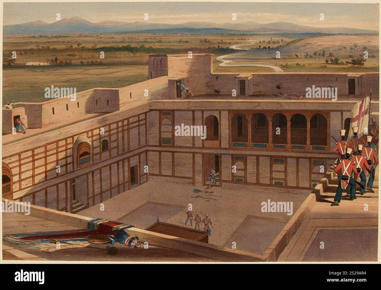 The Storming of Ghazni, 23 luglio 1839. Dopo aver preso Kandahar, l'esercito Briish dovette prendere la fortezza di Ghazni. Questa fortezza non era mai stata presa, ma un uomo locale disse agli inglesi che una delle porte era in cattive condizioni e poteva essere aperta. Questo fu così e gli inglesi furono in grado di prendere la città pesantemente difesa e quindi aprire la strada a Kabul. Questa immagine mostra il 17° reggimento che sgattaiola la cittadella. Foto Stock