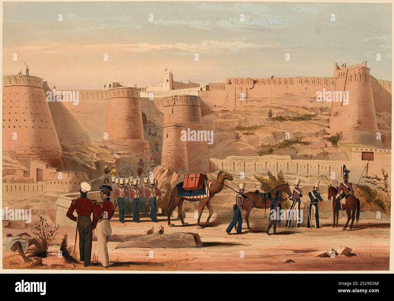 The Storming of Ghazni, 23 luglio 1839. Dopo aver preso Kandahar, l'esercito Briish dovette prendere la fortezza di Ghazni. Questa fortezza non era mai stata presa, ma un uomo locale disse agli inglesi che una delle porte era in cattive condizioni e poteva essere aperta. Questo fu così e gli inglesi furono in grado di prendere la città pesantemente difesa e quindi aprire la strada a Kabul. Foto Stock