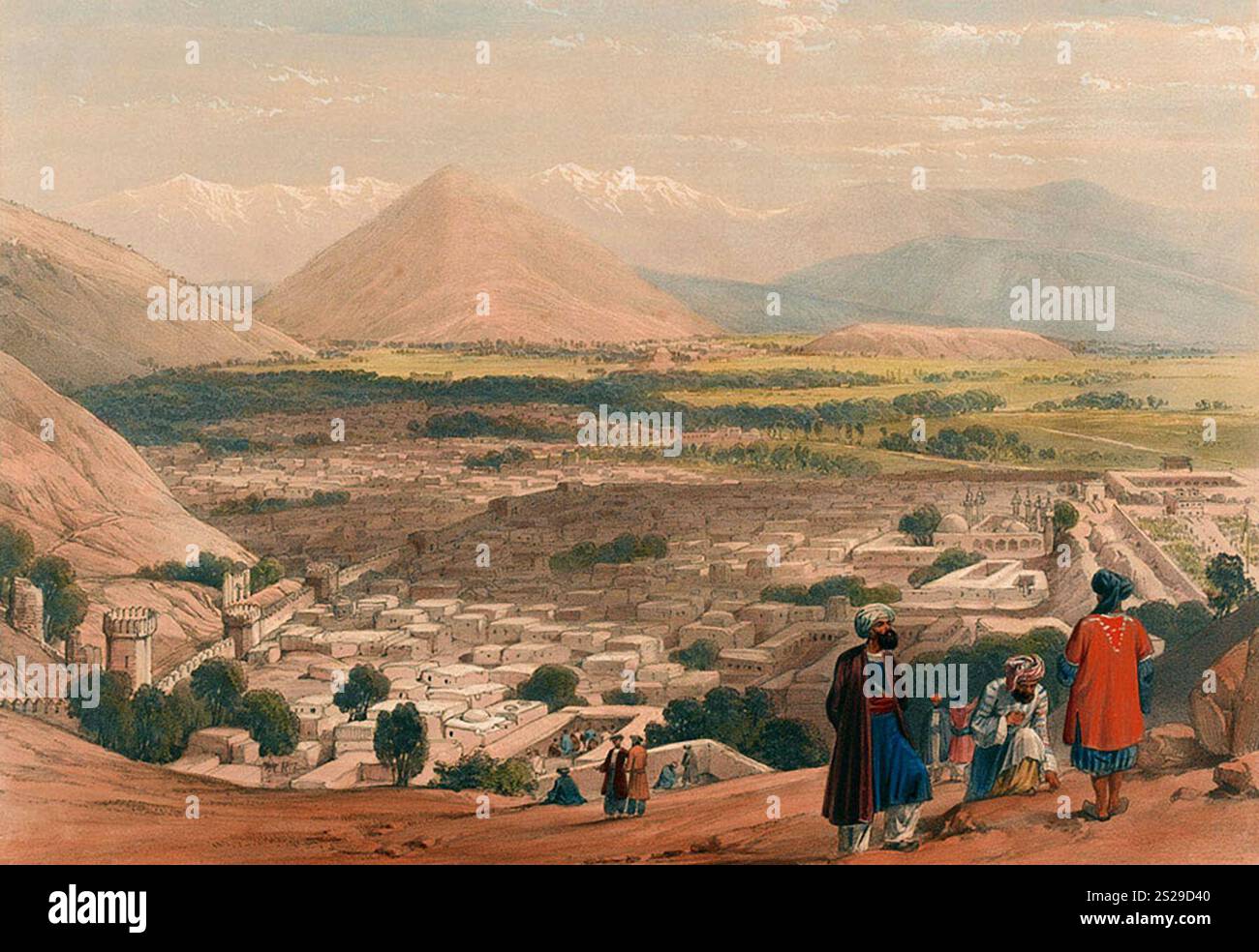 La balla Hissar e la città di Kabul dalla parte superiore della Cittadella. L'antica fortezza di Bala Hissar si trovava a sud della città e si affacciava sulle case e sui bazar da un'altezza dominante. Dopo aver catturato Kabul e aver installato Shah Shuja come Emiro nell'agosto del 1839, gli inglesi avevano occupato il Bala Hissar, ma nei mesi successivi si erano trasferiti in un cantone difensivo debole costruito a nord-est di Kabul. Se fossero rimasti nella fortezza, la successiva rivolta potrebbe essere stata resistita. L'invasione britannica dell'Aghanistan per insediare un leader fantoccio fu una delle peggiori disa militari Foto Stock