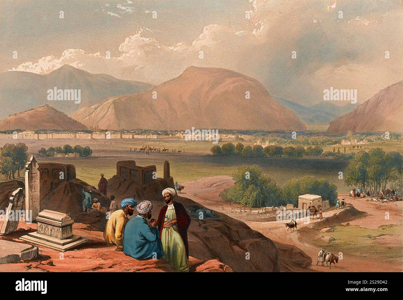 Una vista di Kabul da un sepolcro sul Mountain Ridge, a nord-est della città. Dopo che Shah Shujah fu insediato come emiro fantoccio, gli inglesi dovettero ritirarsi in India. Furono attaccati ad ogni centimetro di distanza e l'intera colonna di 18500 persone fu uccisa ad eccezione di un ufficiale britannico e di 5-6 soldati indiani. E' stato uno dei peggiori disastri della storia militare. Foto Stock