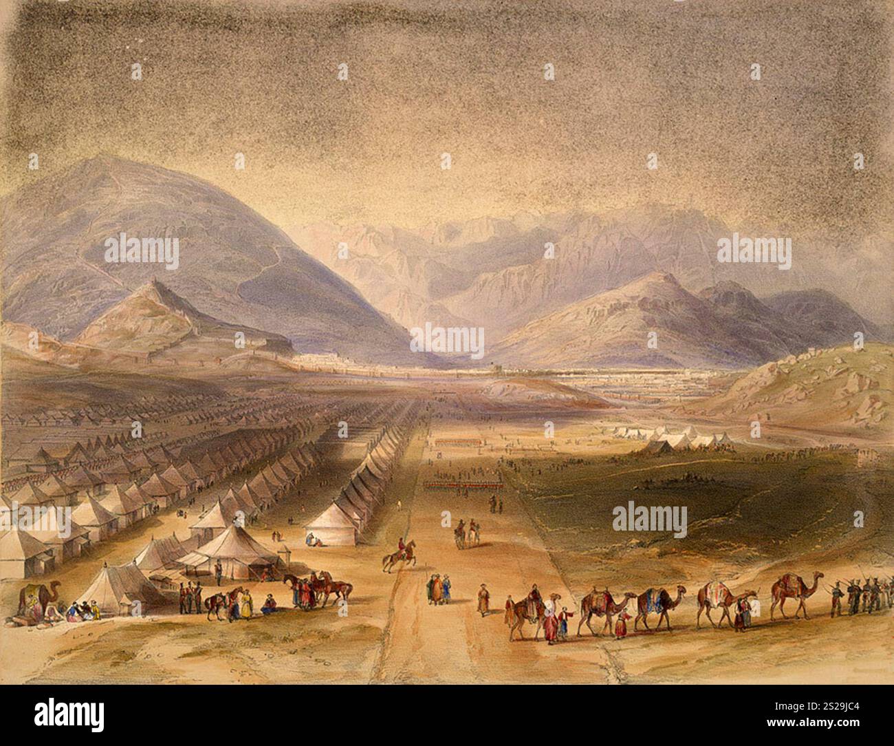 L'accampamento delle truppe guidate dal generale Sir William Nott si trovava sulla vasta pianura di Chaman-e-Shah. Kabul è raffigurato in lontananza. Torreggianti sono soprattutto le alture di Paghman. Questa fu una seconda spedizione inviata per punire gli afghani per la distruzione quasi totale dell'Armata dell'Indo nel 1841. Uno schizzo di Kandahar, nel dicembre 1841. Kandahar fu presa pacificamente e i soldati non ebbero problemi. Dopo Kandahar continuarono a Kabul, dove cominciarono i problemi. L'invasione britannica dell'Aghanistan per l'insediamento di un leader fantoccio fu uno dei peggiori disastri militari della storia Foto Stock