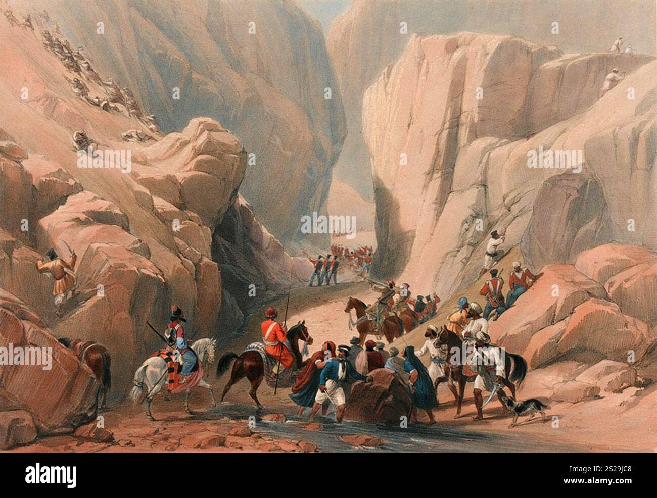 Entrando nel passo Bolan, 1839 l'esercito dell'Indo entrò in Afghanistan attraverso il passo Bolan, un passaggio lungo 60 miglia e alto 5.880 piedi nel suo punto più alto. L'esercito ci ha messo due settimane per attraversarlo. Durante questo periodo furono attaccati dalle tribù Baluchi che si nascondevano nelle grotte sopra il passo. L'invasione britannica dell'Aghanistan per installare un leader fantoccio fu uno dei peggiori disastri militari della storia. Dopo che Shah Shujah fu installato a Kabul, l'esercito si ritirò in India. La colonna di 20.000 uomini fu spazzata via con l'eccezione di un soldato britannico e 5-6 indiani. Foto Stock