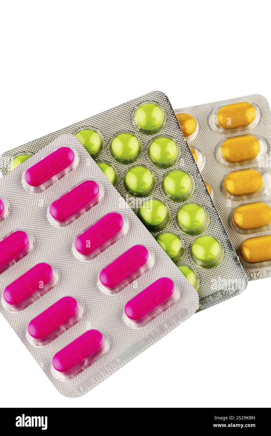 Tavolette colorate in blister, foto simbolica per Heilmittel und Gesundheitswesen Austria Foto Stock