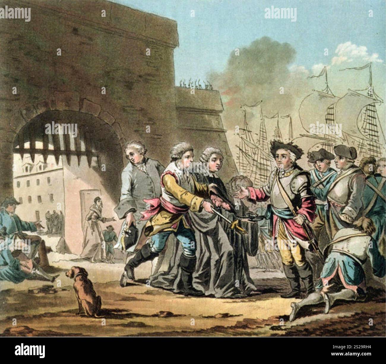 La resa inglese di Fort St George (poi Madras, ora Chennai) ai francesi durante la prima guerra carnatica nell'India meridionale. Queste guerre per il controllo del sud dell'India videro un rapido aumento dell'influenza francese nell'area. I francesi attaccarono Madras e dopo tre giorni di bombardamenti gli inglesi si arresero, verso l'8 settembre 1746. Madras tornò sotto il controllo britannico dopo la pace di Aix-la-Chapelle il 24 aprile 1748 Foto Stock