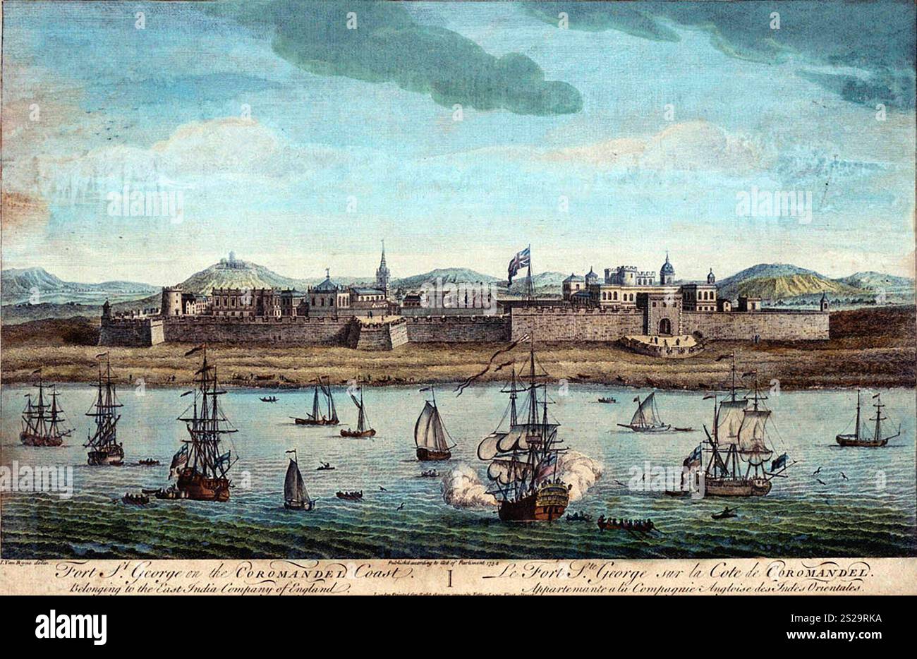 Fort St George (poi Madras ora Chennai) sulla costa di Coromandel. Nel 1702 Daud Khan, il locale Subahdar (leader) della Carnatica dell'Impero Moghul, assediò e bloccò Fort St George a Madras per più di tre mesi. Foto Stock