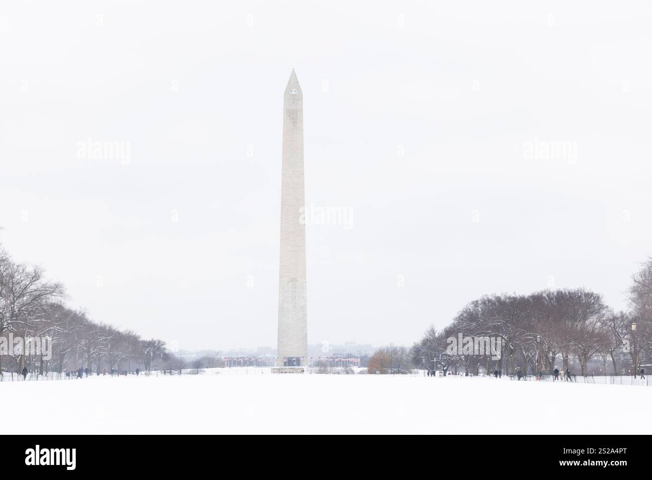 Washington DC, Stati Uniti. 6 gennaio 2025. Il monumento a Washington è visibile durante una tempesta di neve il 6 gennaio 2025, sul National Mall, Washington, DC, USA. Un massiccio sistema di tempeste ha gettato neve pesante e pioggia gelida in ampie aree degli Stati Uniti orientali lunedì, interrompendo i viaggi e il lavoro per milioni di americani. Il National Weather Service emise avvisi di tempesta invernale dal Kansas e dal Missouri al New Jersey, prevedendo totali di nevicate invisibili in un decennio per alcune aree. Crediti: Aashish Kiphayet/Alamy Live News Foto Stock