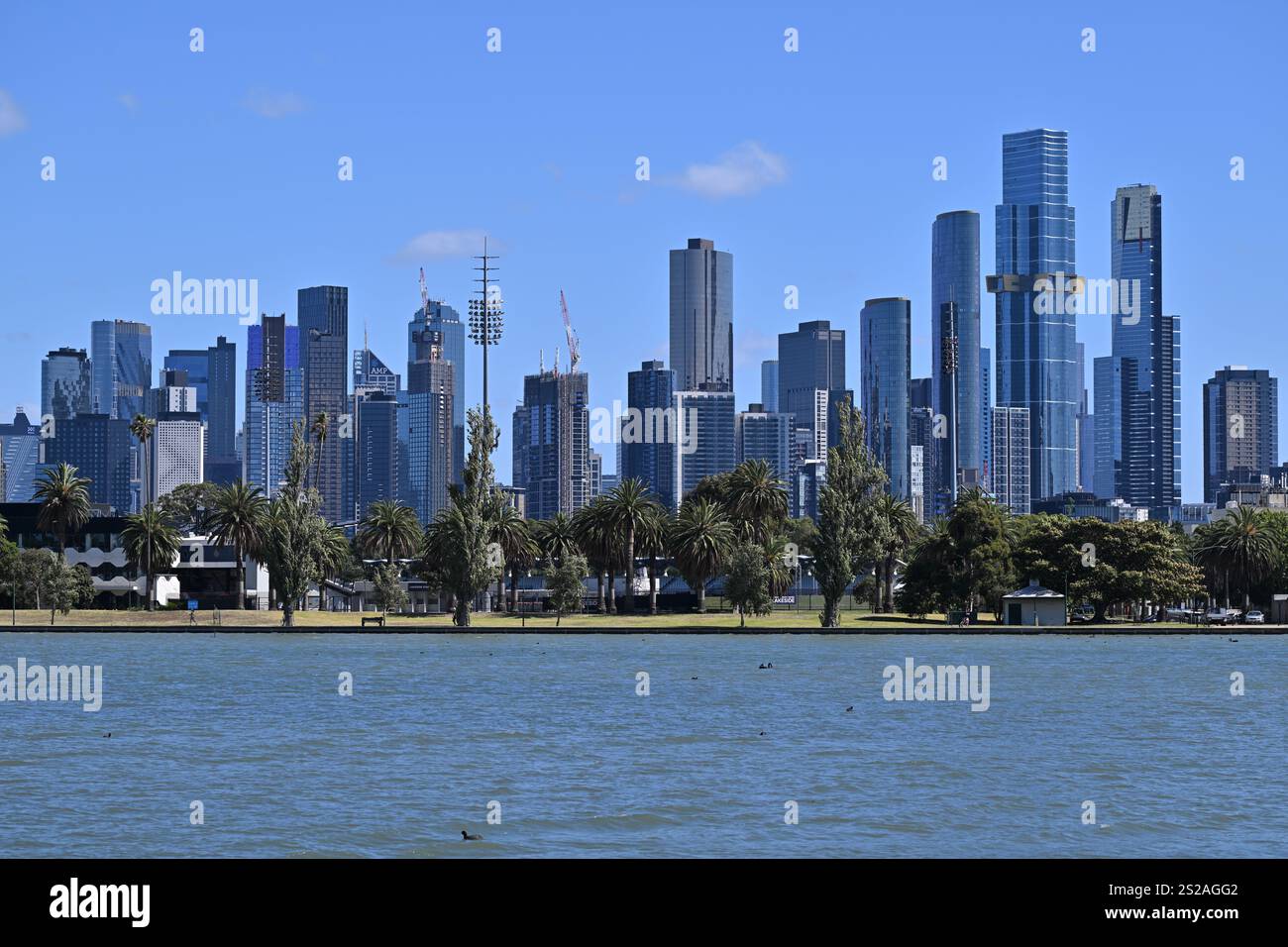 Vista degli edifici più alti del Melbourne Central Business District, tra cui Australia 108 e Eureka Tower, dall'altro lato del lago Albert Park Foto Stock