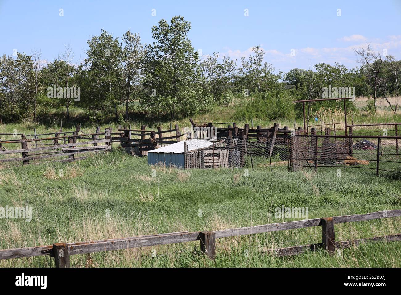 recinzione rustica in legno delinea risaie o recinti e capannoni abbandonati Foto Stock